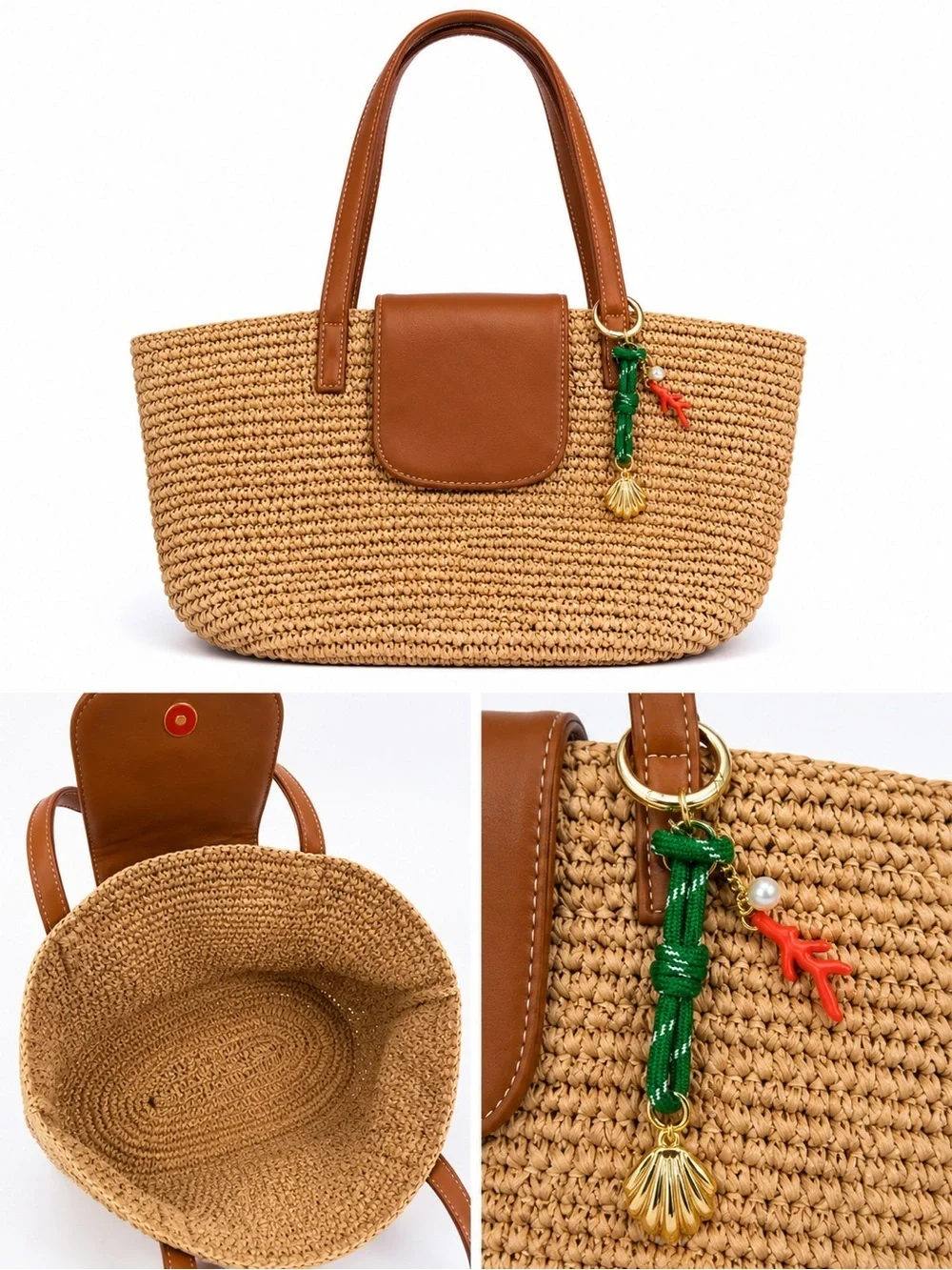 J.Crew NWT Raffia Tote w/ Nautical Shell & Coral Charm 🐚🪸 Coastal Resort Beach B